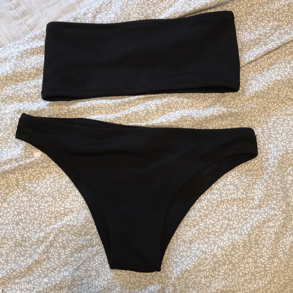 Zaful Black ribbed bandeau bikini set